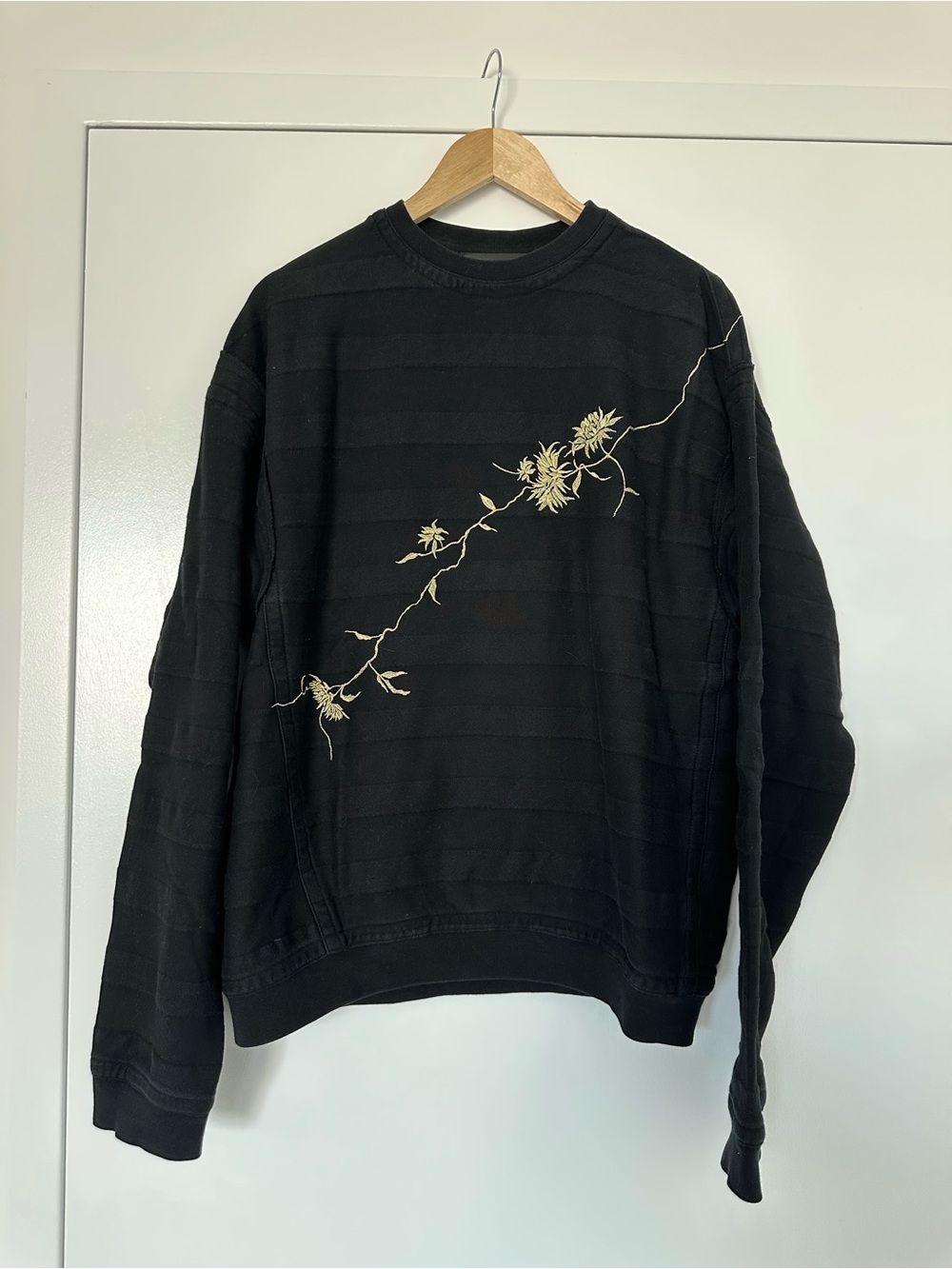 Haider Ackermann Black Crewneck Sweater with Cream Floral Embroidery